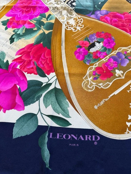 LEONARD Paris 100% Silk Scarf Baroque Arrangement Stringed Instrument Peony Navy - Picture 9 of 16